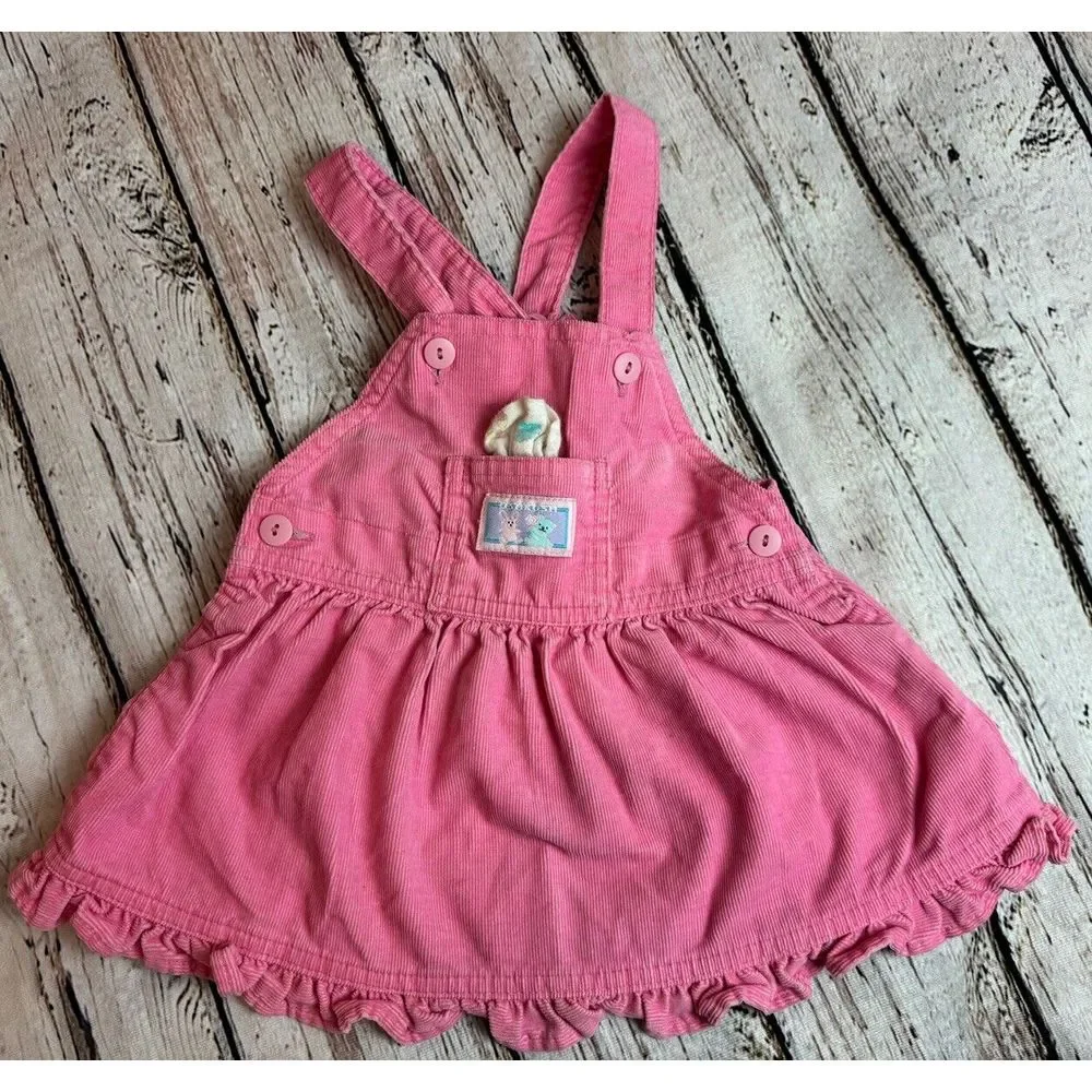 VTG Oshkosh B 'Gosh Pink‎ Corduroy Vestbak Overall Dress Jumper 18 Months Ruffle